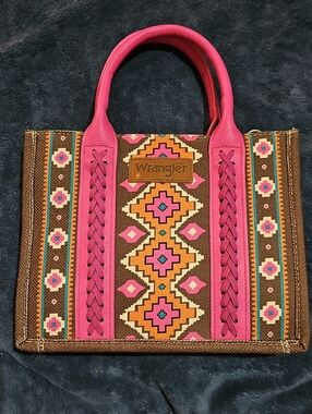 Wrangler Brown Tote with Pink Accents and Geometric Embroidery